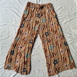 Floral Wide-Leg Pants - Tan and Blue